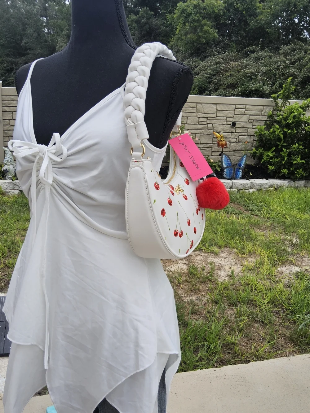 Betsey Johnson White Cherry-Print Shoulder Bag with Pom Pom - Picture 3 of 3